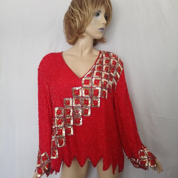RAMBOB FASHION 3X  ALL SEQUIN BEADED TOP 100% SILK - Picture 4 of 9